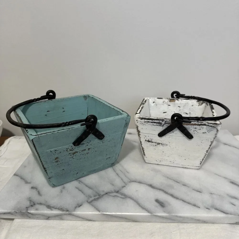 Antique wood buckets pails Rustic Metal Set of 2 - Blue and White